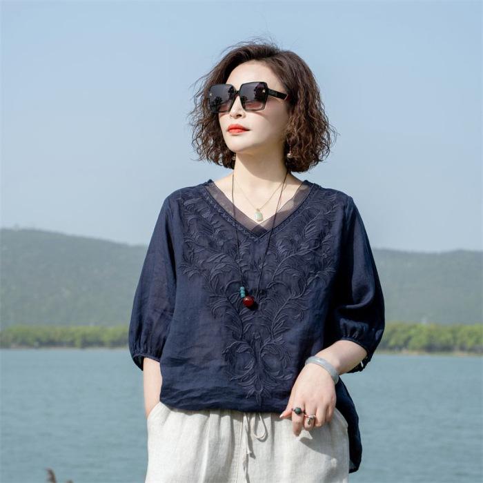 

Летняя рубашка из хлопка и льна премиум-класса с вышивкой для женщин — элегантные, легкие, универсальные топы для мам среднего возраста 2XL (135-155 jin)