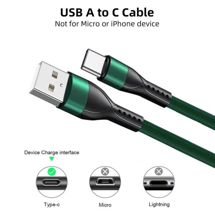 Câble USB-C 3A Nylon Charge Rapide pour Xiaomi Redmi 14C 13C, Redmi Note 13 14 4G-5G, Note 13 Pro Plus 5G - 1M Vert