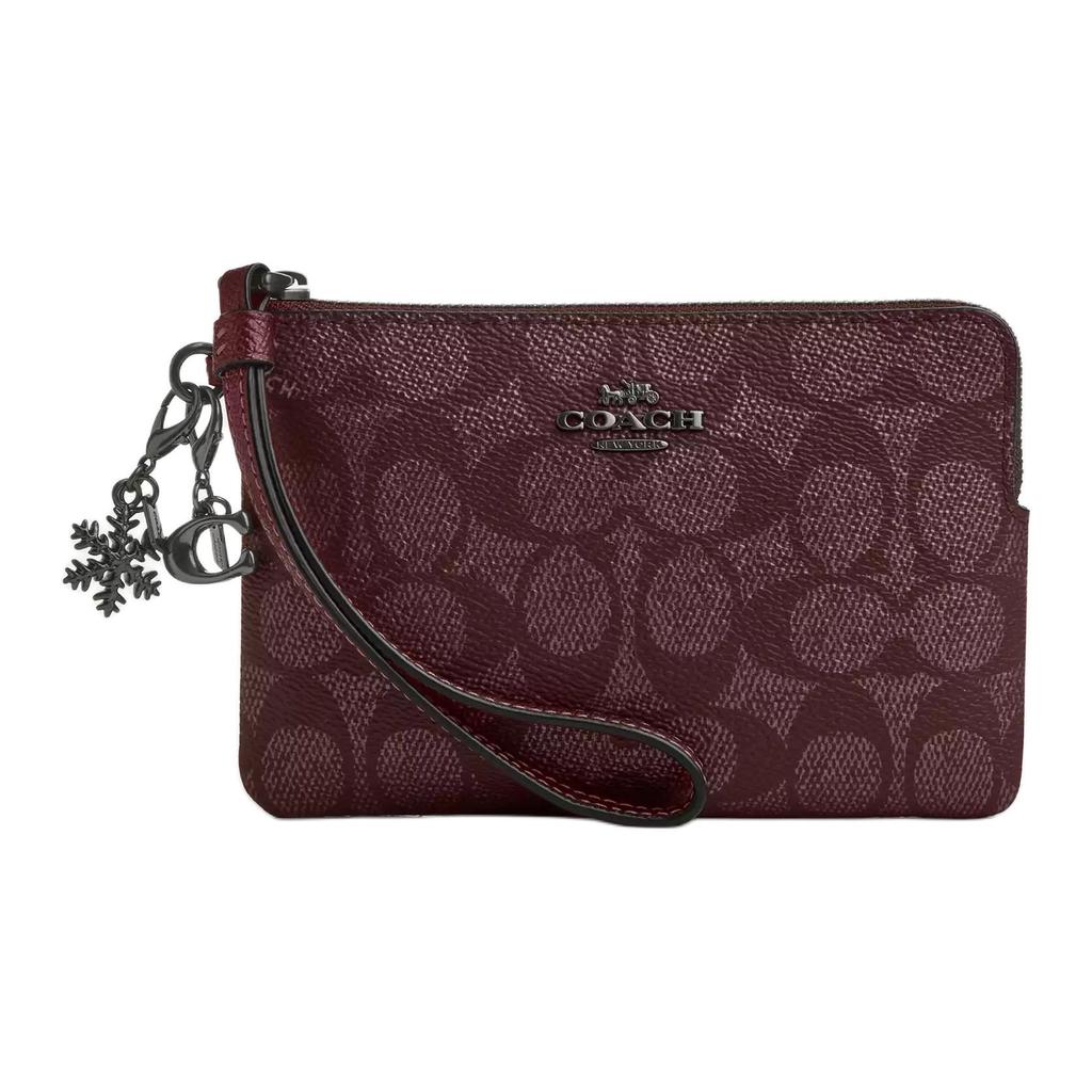Coach Burgundy Signature Canvas Zip Wristlet with Snowflake Charm & Wrist Strap for Daily & Holiday Use