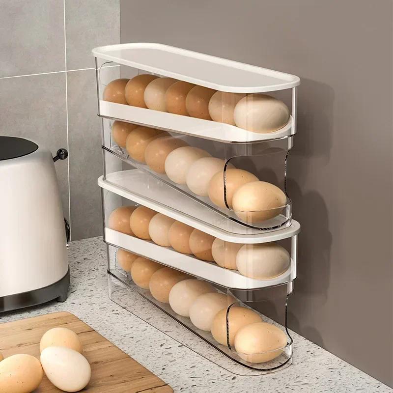 Caja de almacenamiento de huevos para refrigerador, soporte automático para huevos con desplazamiento, gran capacidad, para el hogar, cocina, estante de almacenamiento de huevos rodante exclusivo