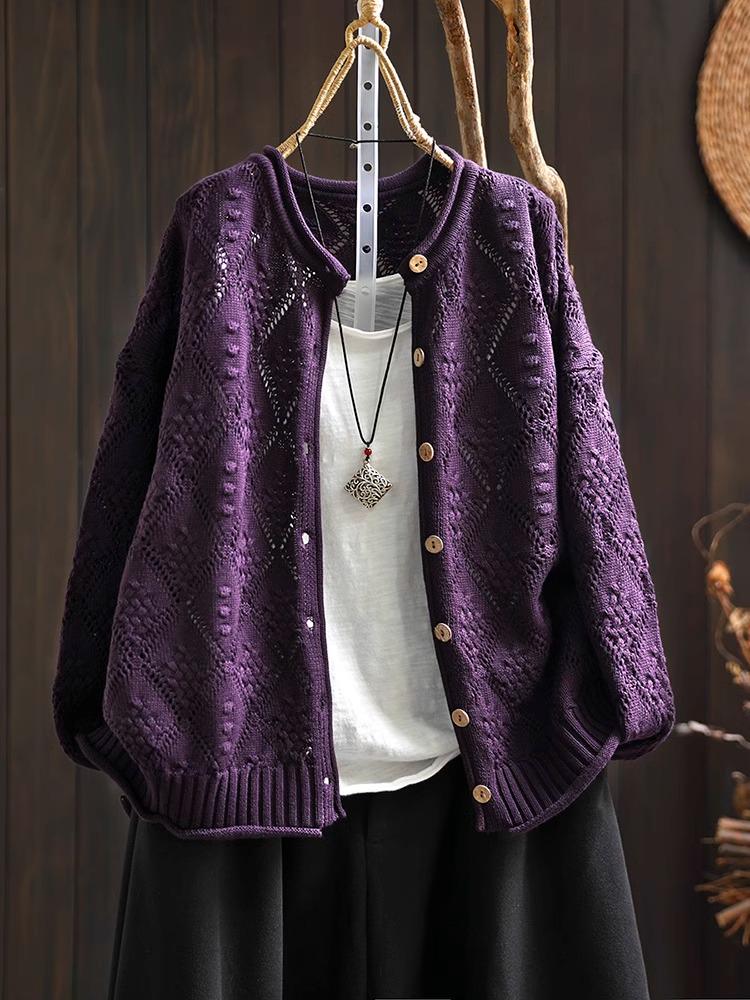 2025 Fall Diamond Hollow Round Neck Knitted Cardigan - Loose, Casual Long Sleeve Sweater