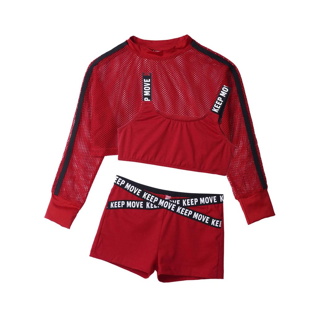 Barn Flickor Cool Hip Hop Dans Outfits 3st Träningskort nätblus med linne och Boyshorts Set Street Dance kläder