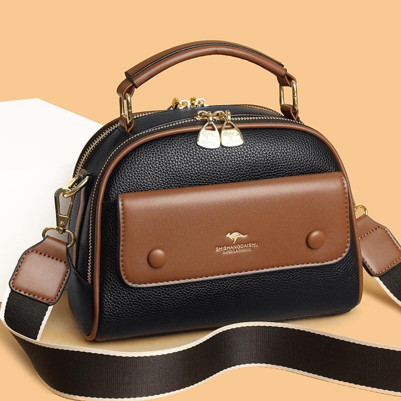 Women's PU leather top handle crossbody bag with multiple pockets, stylish contrasting color matching, and simple shoulder bag