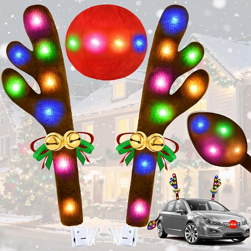 Christmas Car Decorations Reindeer Car Kit Antlers 2025, Jingle Bells Rudolph With Lights Reindeer And Nose, Tail Cute Costume Auto Accessories For