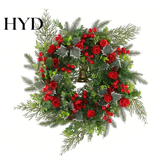 Christmas Wreath with Golden Bell Front Door Garland Waterproof Artificial Holiday Red Rose Petals Pine Cones Festive зелёный