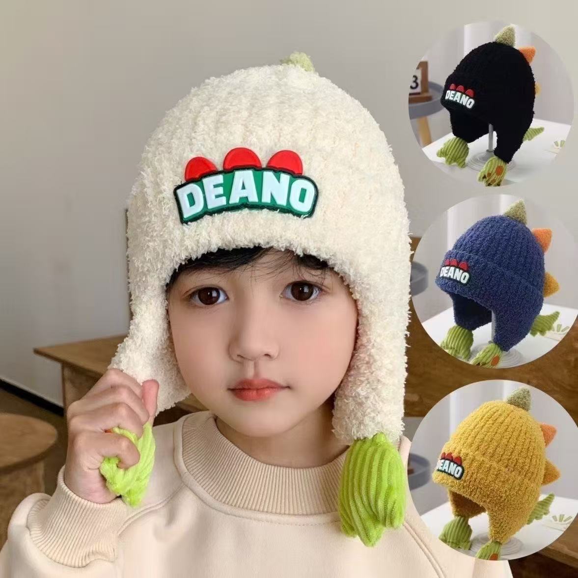 

New children s hats autumn and winter ear protectors thickened cute plush dinosaur boys and girls warm knitted wool hats