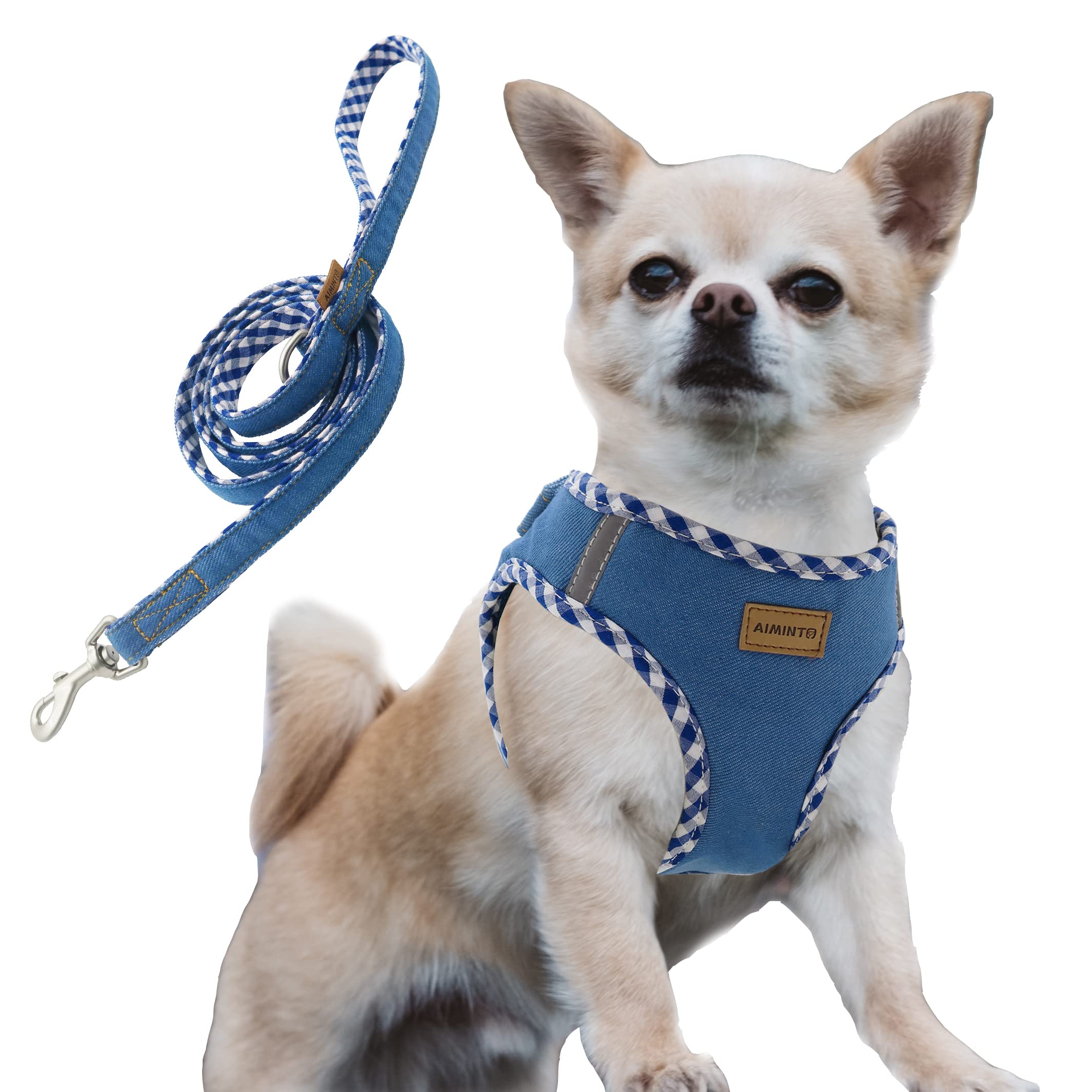 

Aiminto Denim Dog Harness Lead Breathable Mesh Reflective Material on Harness Chest For Cats and Extra Small Dogs and Lead Set XXXS Chest Range & Set,
