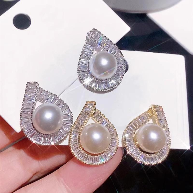 Huitan Temperament Waterdrop Shaped Imitation Pearl Stud Earrings for Women Elegant Cubic Zirconia Earrings New Trendy