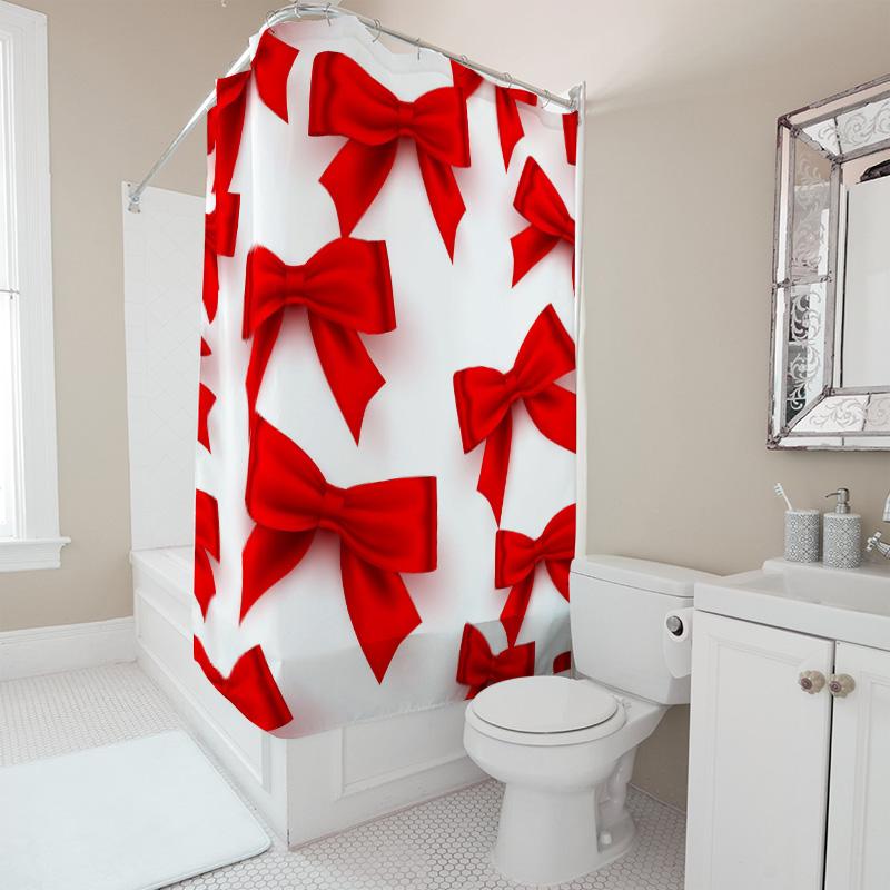 TU Red Bow Shower Curtain Romantic Floral Pattern Bathroom Decor Waterproof Fabric Modern Farmhouse Style Shower Liner