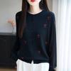 Women's Bow-Accent Wool Cardigan, Autumn/Winter Heathered Knitwear with Color Block Design and Gentle Style.