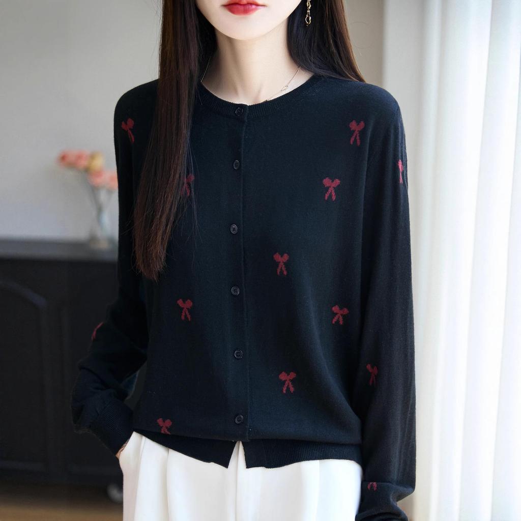 Women's Bow-Accent Wool Cardigan, Autumn/Winter Heathered Knitwear with Color Block Design and Gentle Style.