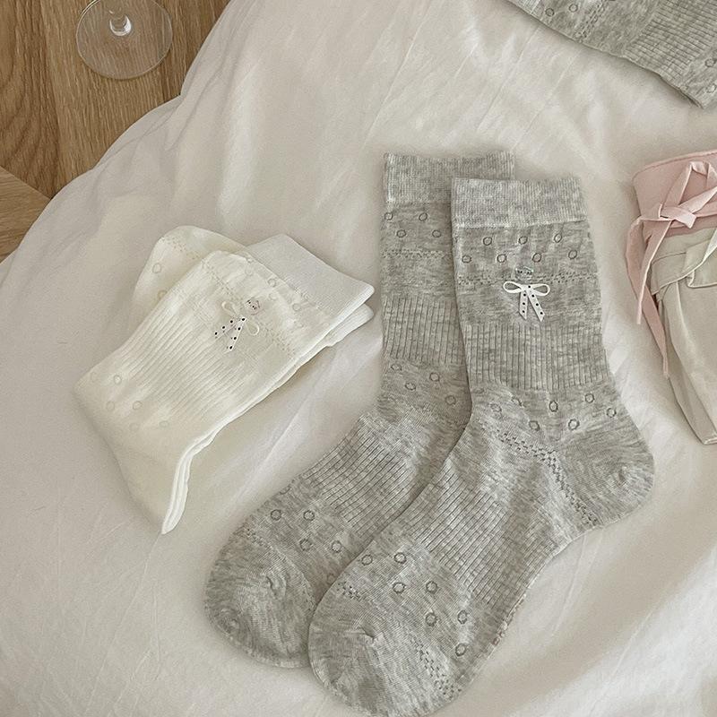 Grayish-white Socks, Women's Bow Mid-calf Socks, Summer Thin Mesh Hollowed-out Solid Color Versatile Pile Socks