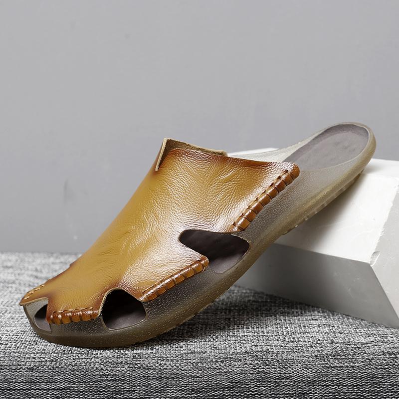 

Мужские нескользящие тапочки для улицы, новые легкие кожаные сандалии, летняя мужская обувь, дышащие мужские тапочки в стиле ретро в римском стиле, обувь для ходьбы 46 жёлтый
