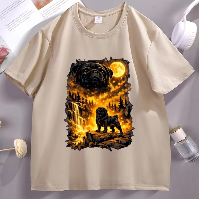 Funny Moon Pug Howling T Shirt Men Women Dog Lover TShirt Casual Soft Fitness Summer Short Sleeve Tshirt Comfortable Top