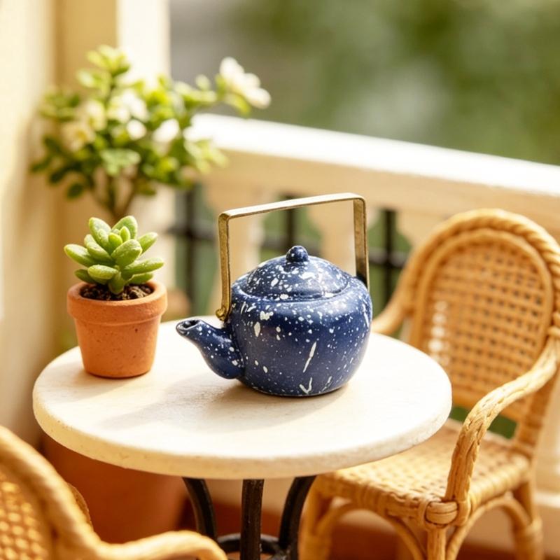Pretend Play Kitchen Kettle Toy Miniature Enameled Model For Dollhouses Scene Easy Carry Handle Design