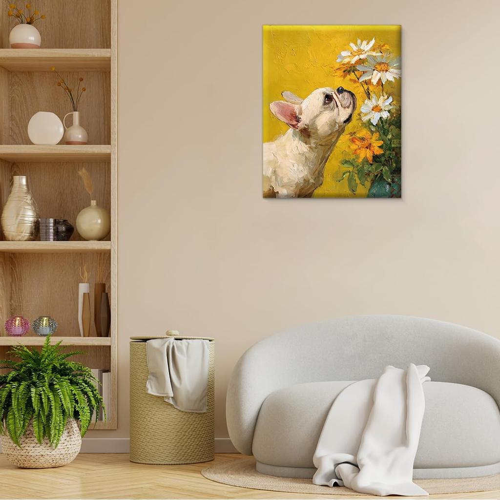 Vintage Floral French Bulldog Wall Art Print Dog Daisy Flowers Picture Painting Aesthetic Wall Decor for Home Living Room Bedroom 8x10 Canvas Framed