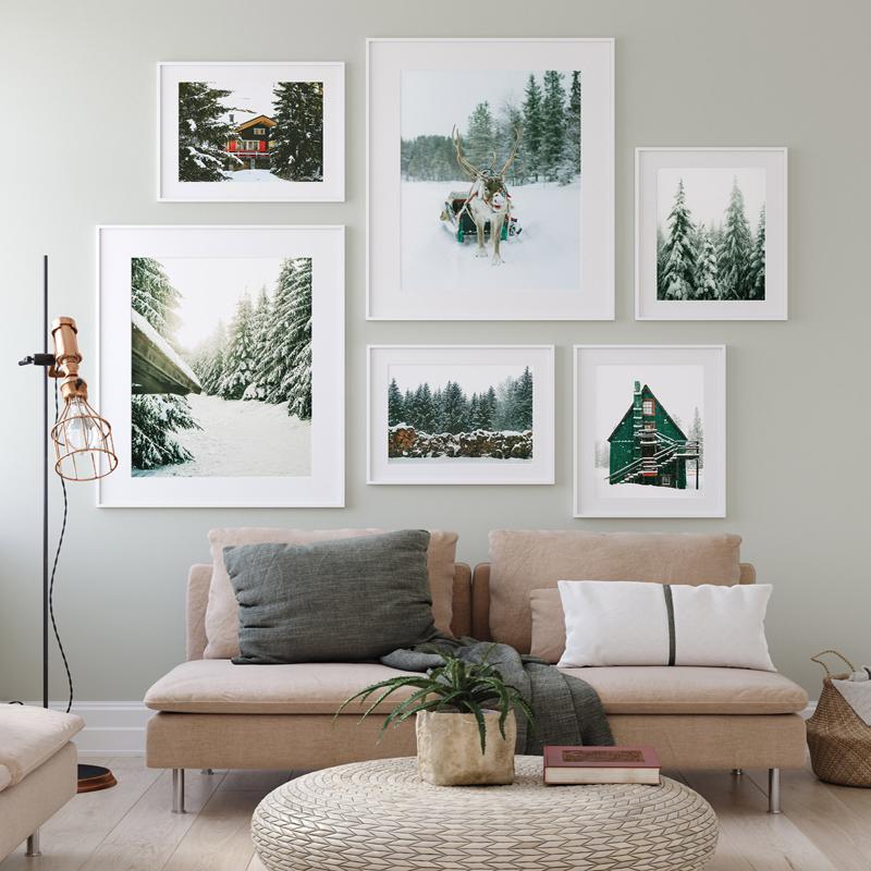 Pădure de iarnă Casă de zăpadă Cerb Sanie Artă de perete Pictură pe pânză Postere și imprimeuri nordice Poze de perete pentru decor camera de zi fără cadru