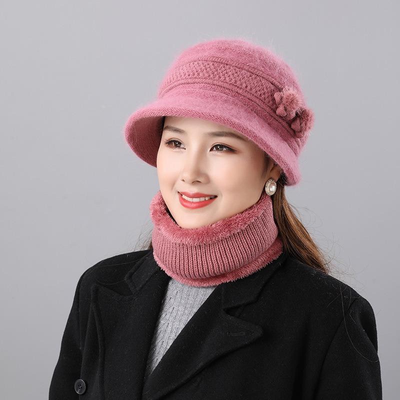 Mom hat autumn and winter velvet warm women's scarf two-piece set knitted thread hat fashionable versatile wool basin hat