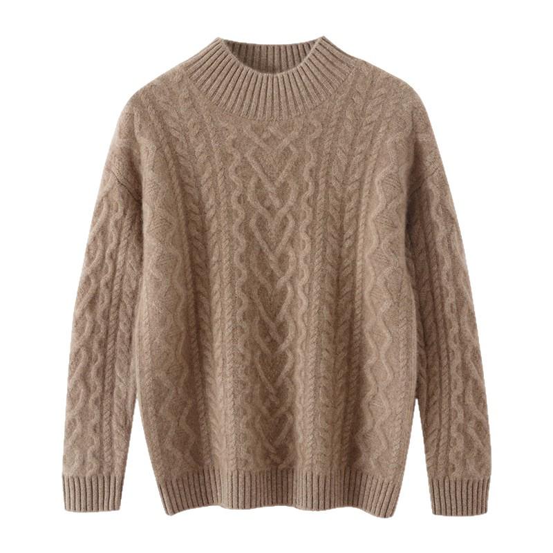 Women's Thickened Cashmere Sweater: Soft, Skin-Friendly Half-High Collar Cable Knit for Autumn/Winter