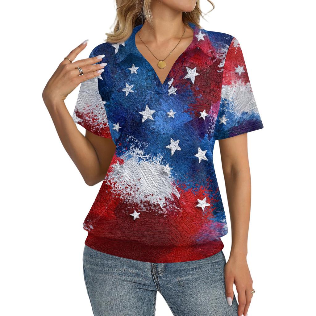 Women's Casual Short Sleeve Polo Shirt with Independence Day Star Print Collar Top Lightweight Summer Tee