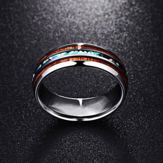 Unisex Wooden Abalone Shell Titanium Steel Ring Wedding Party Jewelry