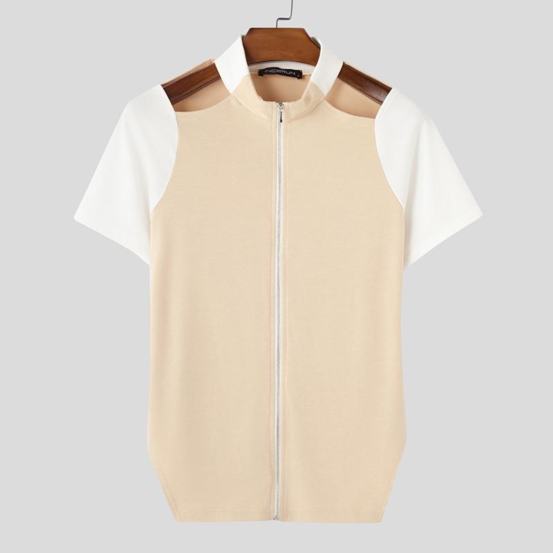 

INCERUN Летние мужские футболки с вырезом и коротким рукавом, на молнии, с неровной строчкой, облегающие топы L белый