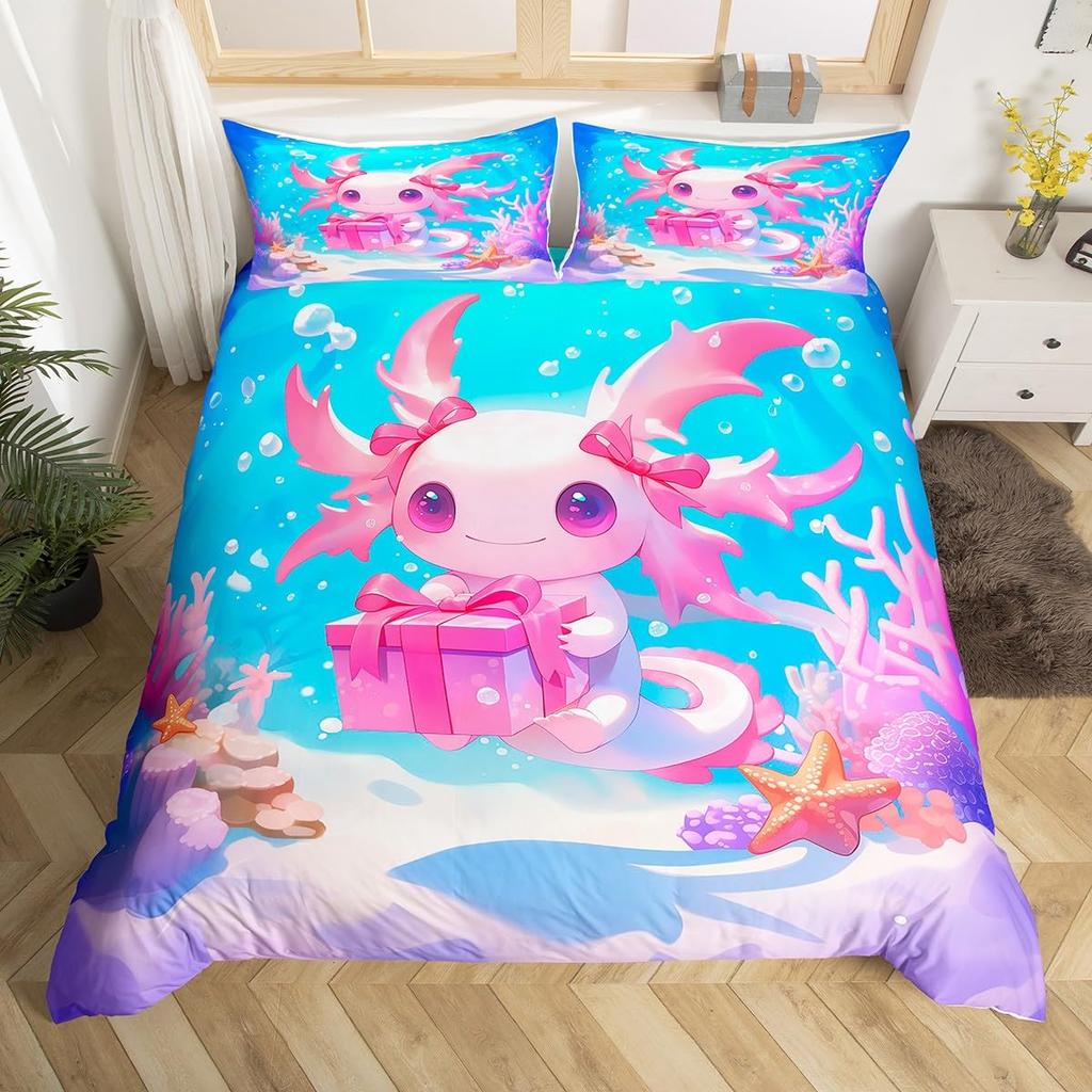 Comforter Kids Axolotl Full Kingcute Ocean Animal Bedding Set Marine Life Romantic Comforter Pink Coral Plant Bed
