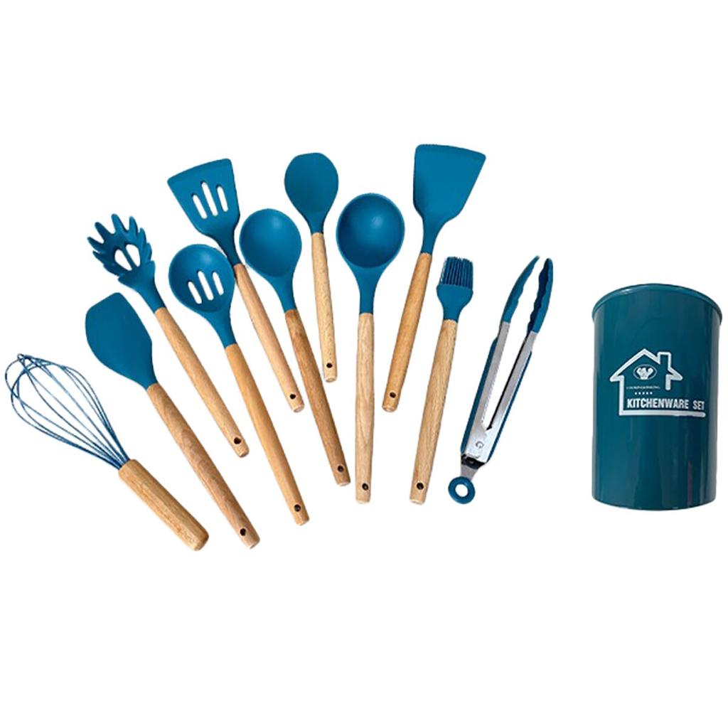 12 stk/sett Kjøkkenkokekar Silikon Kjøkkenutstyr Non-stick kokeverktøy Spatel Øse Eggevisper Spade Skje Suppe Bestikksett