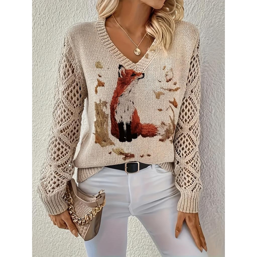 Elegant Autumn and Winter, Bohemian, Western-style Versatile Pullover V-neck Long Sleeved Women's Top, Trendy Women's Knitted Sweater