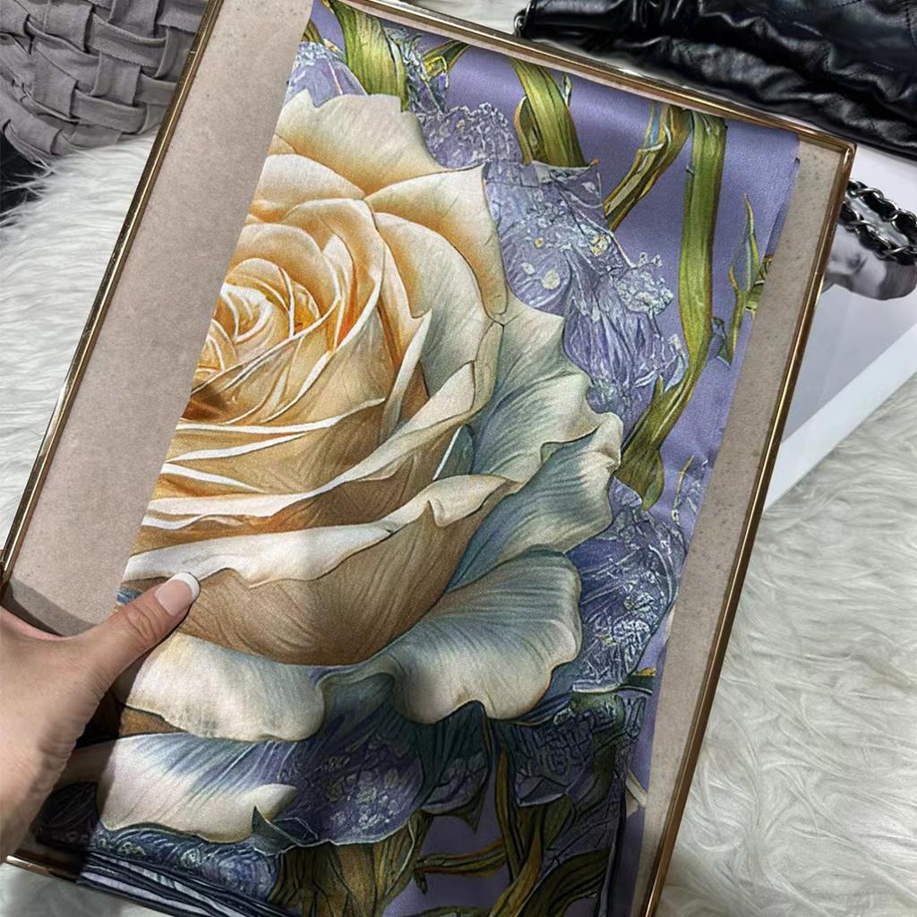 Bysifa|Blue Green Ladies 100% Silk Scarf Fall Winter Oil Painting Floral Style Large Scarves Shawls Fashion Summer Beach Cape