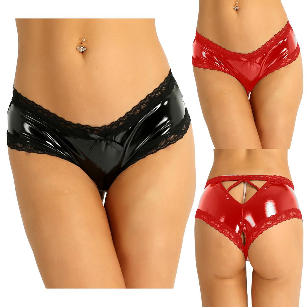 Sexy Höschen für Frauen Femme Dessous Wetlook Lackleder Spitze Offener Schritt Loch V-Rücken Mini Slip Damen Unterwäsche