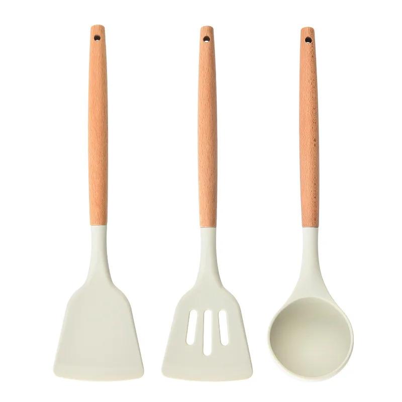 1/3Pcs Silicone Kitchen Tools Wooden Handle Kitchenware Set Non stick Pot Wooden Handle Silicone Scoop Kitchen Utensils Set