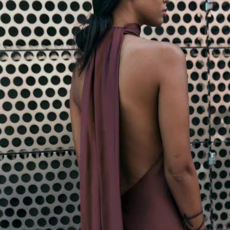 Spring New Arrival Women's Sleeveless A- line Dress Halterneck Silk Satin Texture Half Turtleneck Dress 8739331