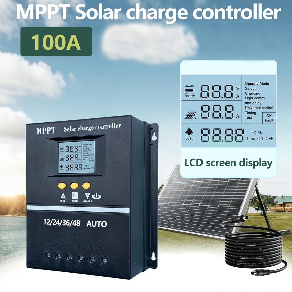 100A MPPT Solar Charge Controller with LCD Display, Used for 12V/24/36/48 Batteries, Auto Tracking, Compatible with Lead-acid Batteries
