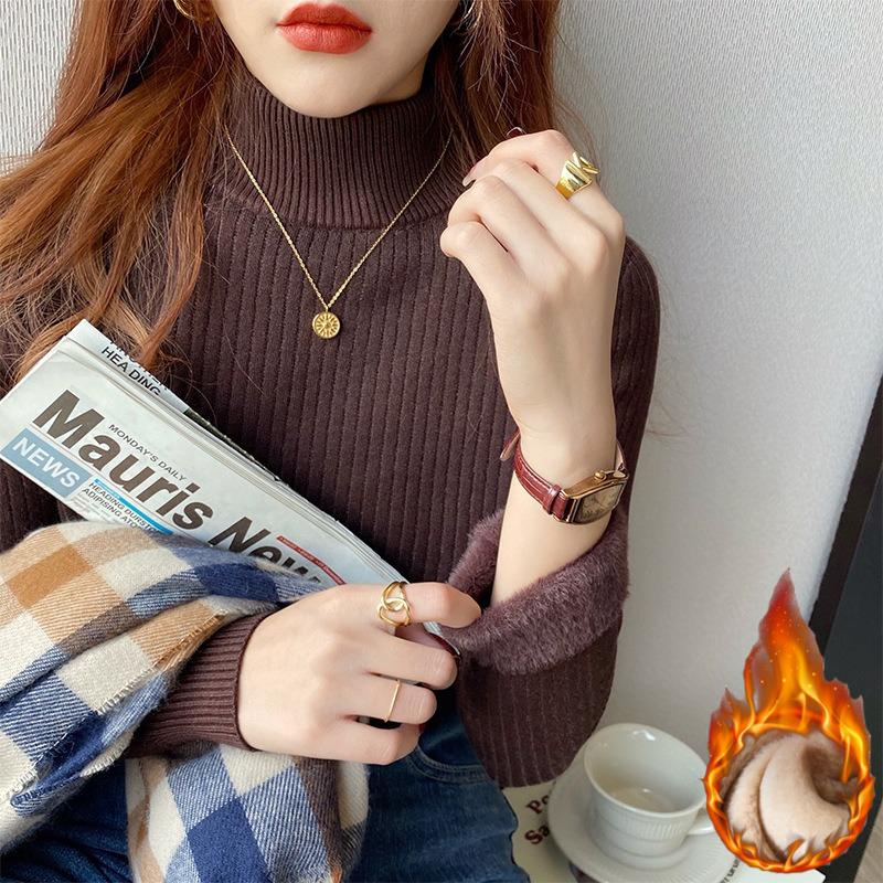 2026 Autumn Winter Turtleneck Sweater Women Elegant Thicken Velvet Lined Warm Sueter Knitted Pullover Warm Versatile Knit Tops