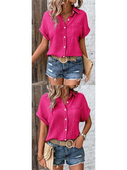 European American Women's Cotton Shirt - 2026 Summer Collection: Solid Color Casual Button-Up