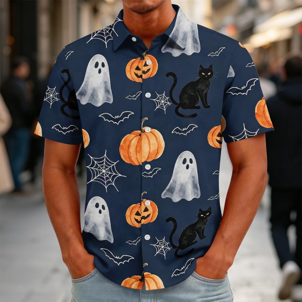Herren Halloween Print Vintage Textur Hemd Knopfleiste Locker Atmungsaktiv Sommer Sport Street Lässig Tägliches Oberteil