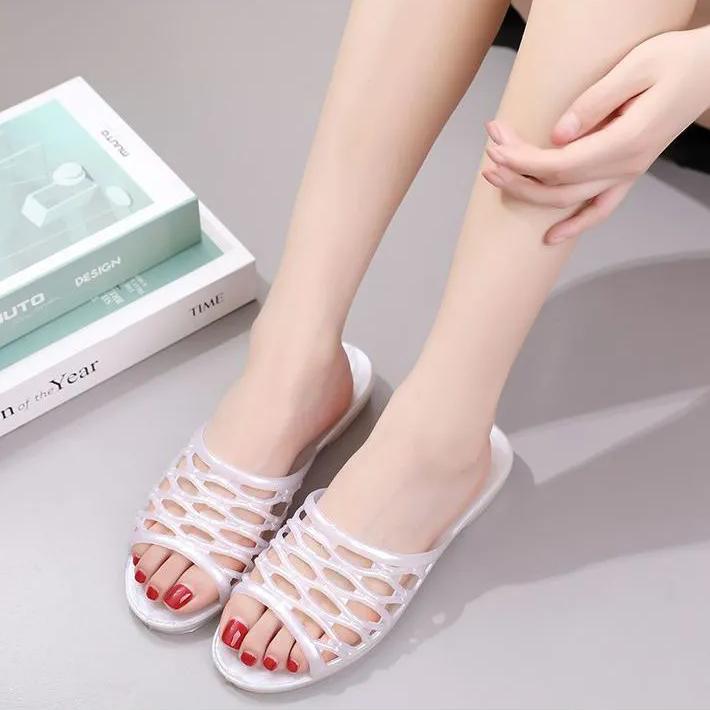 WTEMPO Hollow-out Breathable Flat Thick Heel Anti Slip Casual White Slippers Women's Spring Summer Large Size Solid Color Sandals