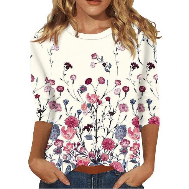 Spring and Summer New Women's Slim Fit Imitation Cotton Round Neck Printed Solid Color Three-quarter Sleeve Long Sleeve