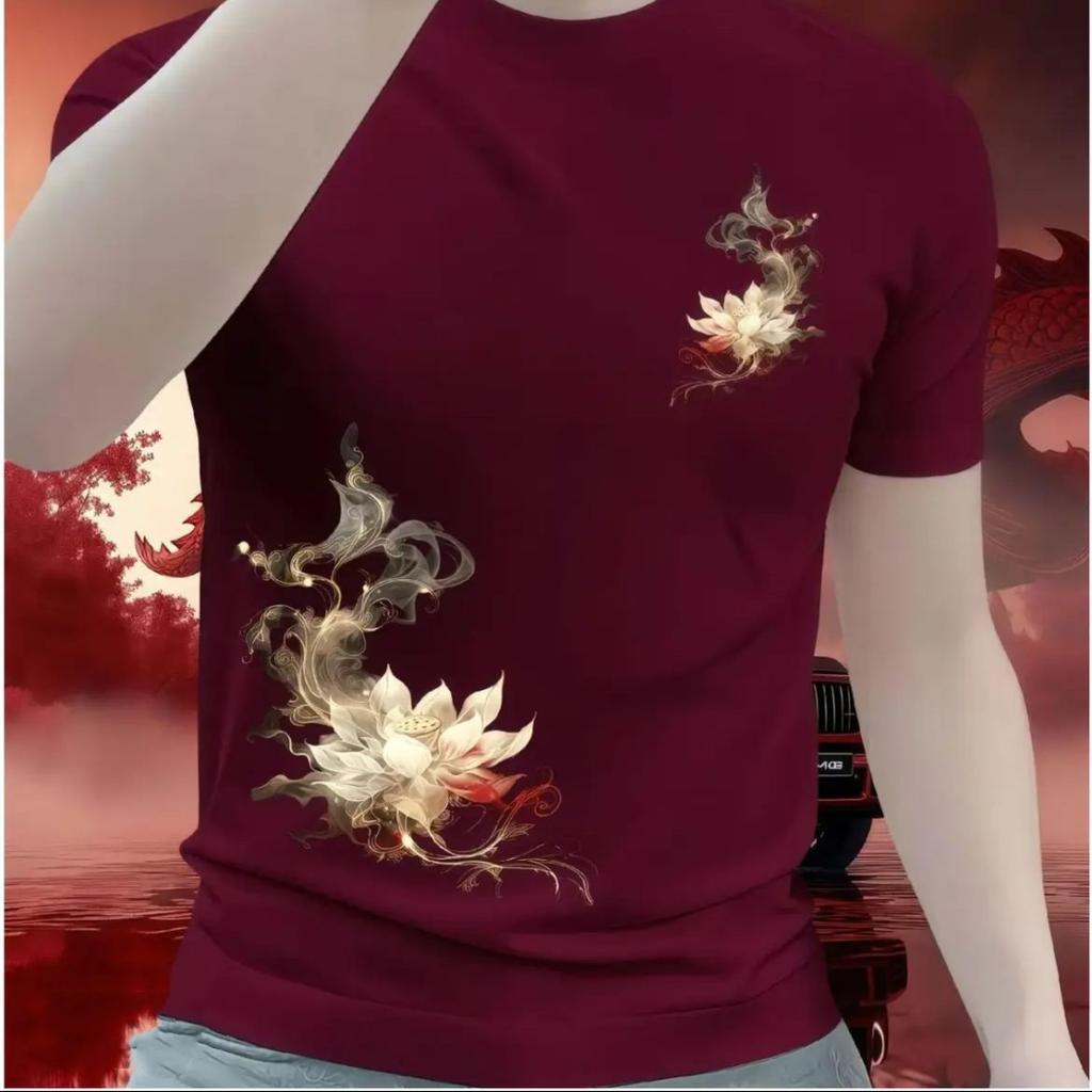 Men's Short-sleeved T-shirt In Spring and Summer New National Trend-style Printed Micro-slim and Versatile Round Neck Top