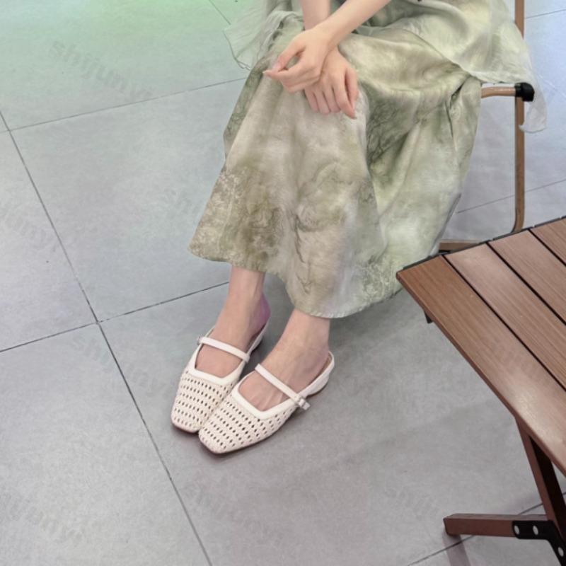 Fashion Women Slippers 2025 Summer Square Toe Retro Comfortable Breathable Half-slippers Flat Ballet Shoes Mary Jane Femme Zapatillas