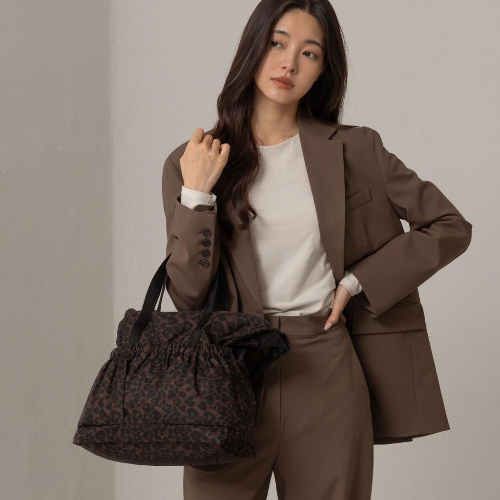 [highloop] High Roof 2-Pocket Large Fabric Shoulder Bag with Leopard Flower Pattern, Large Capacity, Travel Bag, Lightweight, Waterproof, Interior