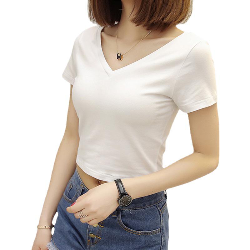 Korean Style Front & Back V-Neck Women's Short-Sleeve Bodycon T-shirt - Black & White, 2024 Summer Collection.