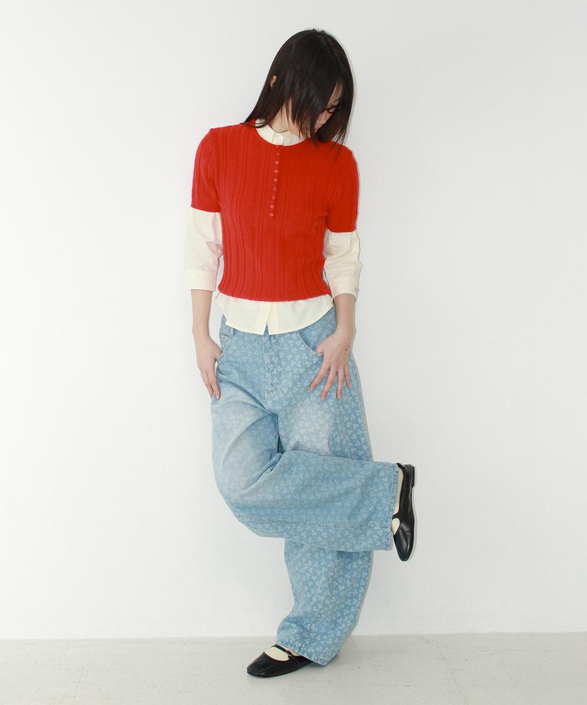 RONRON Button Point Slim Short Sleeve Knit Red