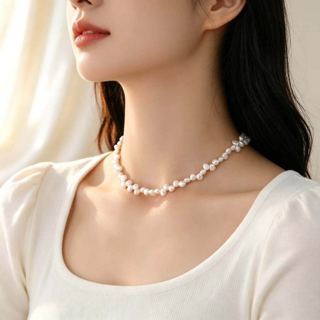 Natural Baroque freshwater pearl petal necklace women's s911 sterling silver high-end light luxury niche temperament collarbone chain