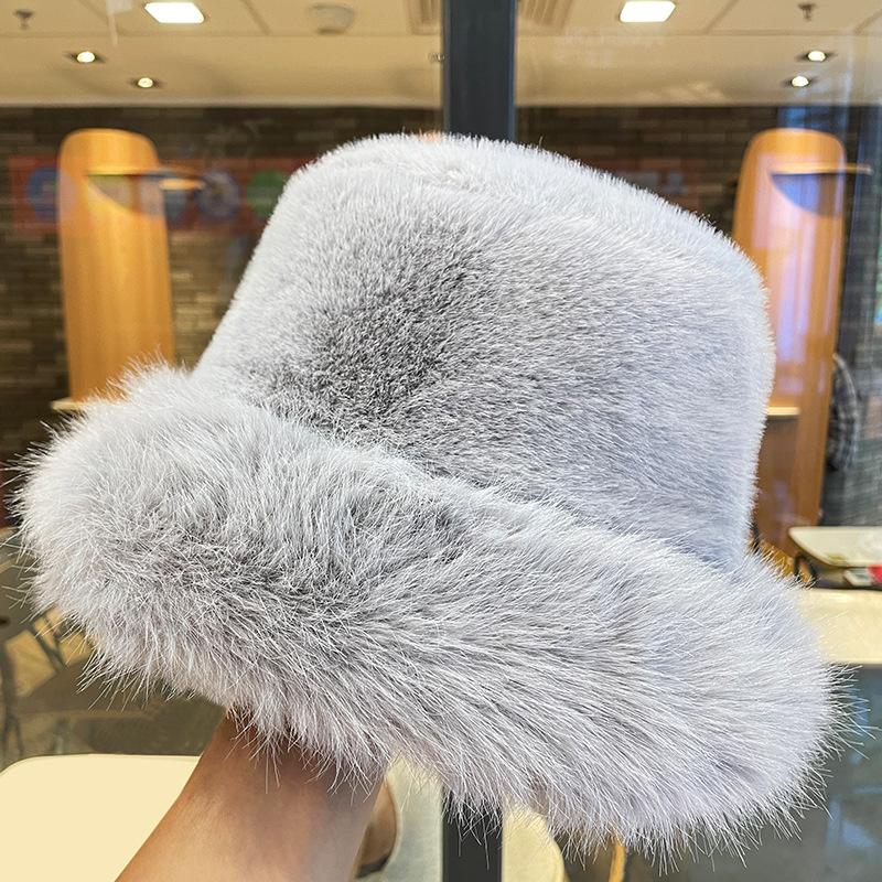 Plush hat female autumn and winter show small face warm ear protection plain face fluffy thickened versatile bucket hat