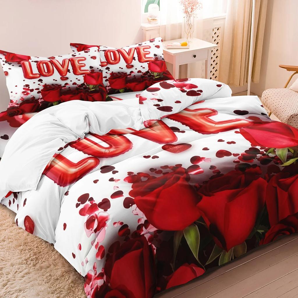 3pcs Valentine'S Day Romantic Bedding Set Red Roses LOVE Balloons Duvet Cove Sets, Festival Gift Queen King Size Gifts for Lover