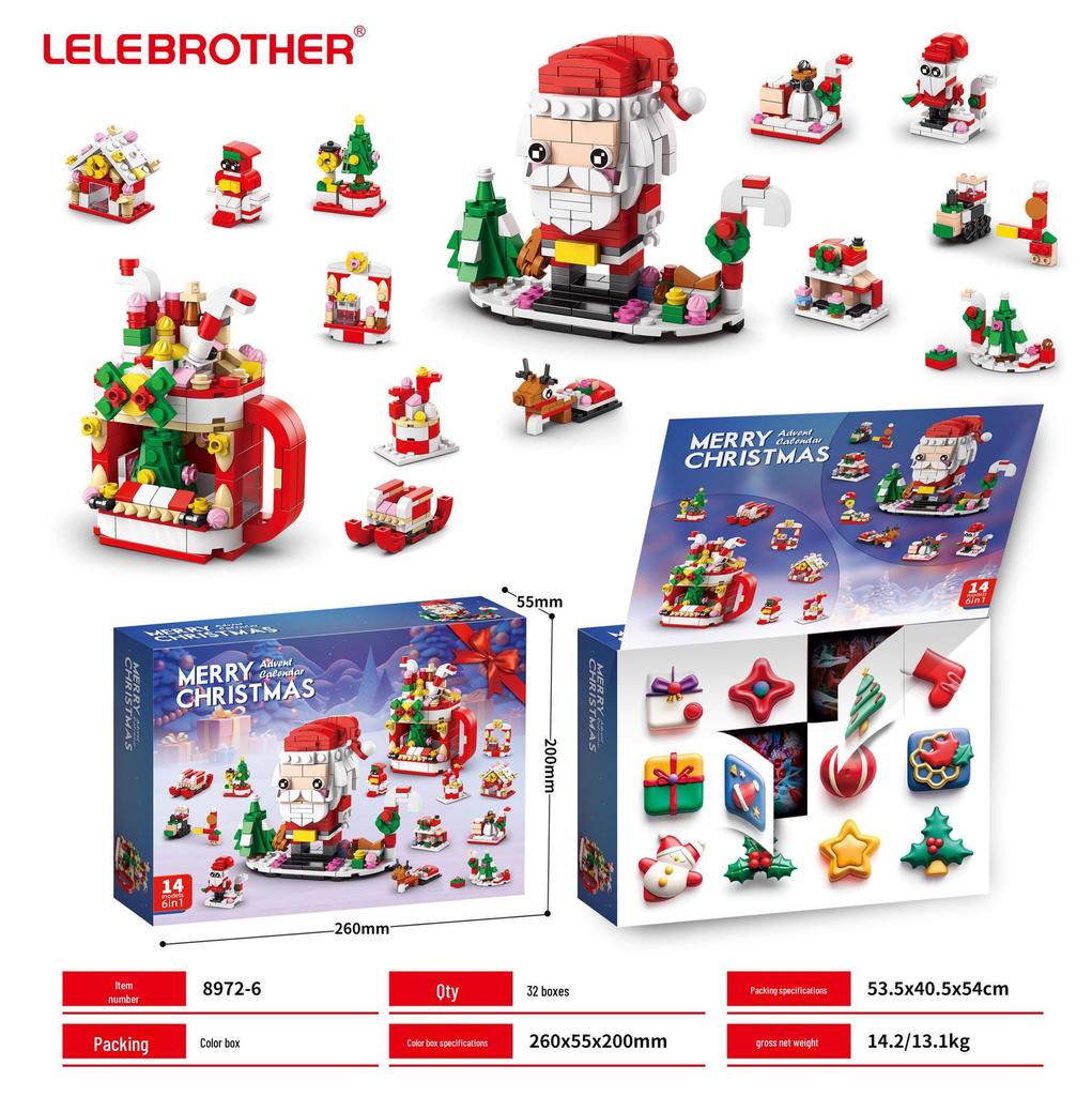 Christmas Lego-Compatible Building Blocks: Assembled Tree, Reindeer, and Santa Ornaments