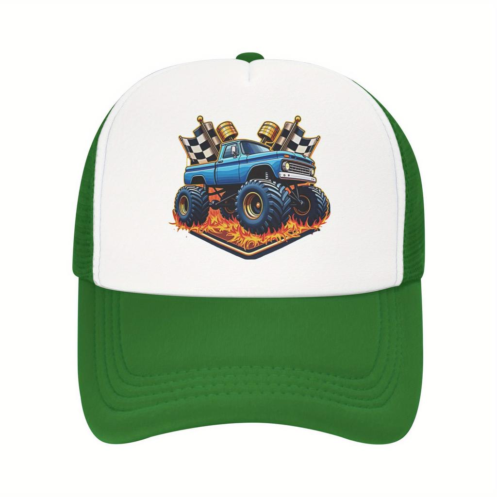 Boné Trucker com Chamas de Monster Truck e Bandeiras Quadriculadas, Tela Respirável, Boné de Basebol para Fãs de Automobilismo