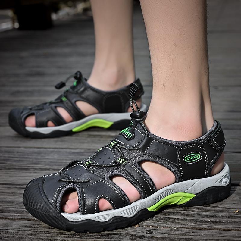 Men Outdoor Hiking Sandals Grey Leather Closed Toe Blue Beach Shoes Wide Handmade Sandals Plus Size for Father